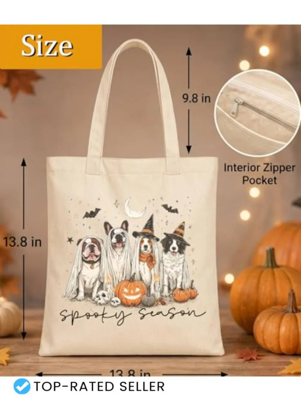 Halloween Ghost Tote Bag for Women - Canvas Spooky Tote with Inner Pocket